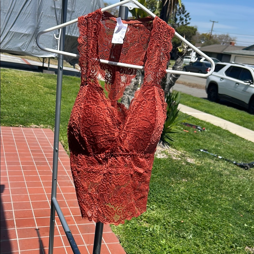 Lace Halter Crop Top in Rust Red